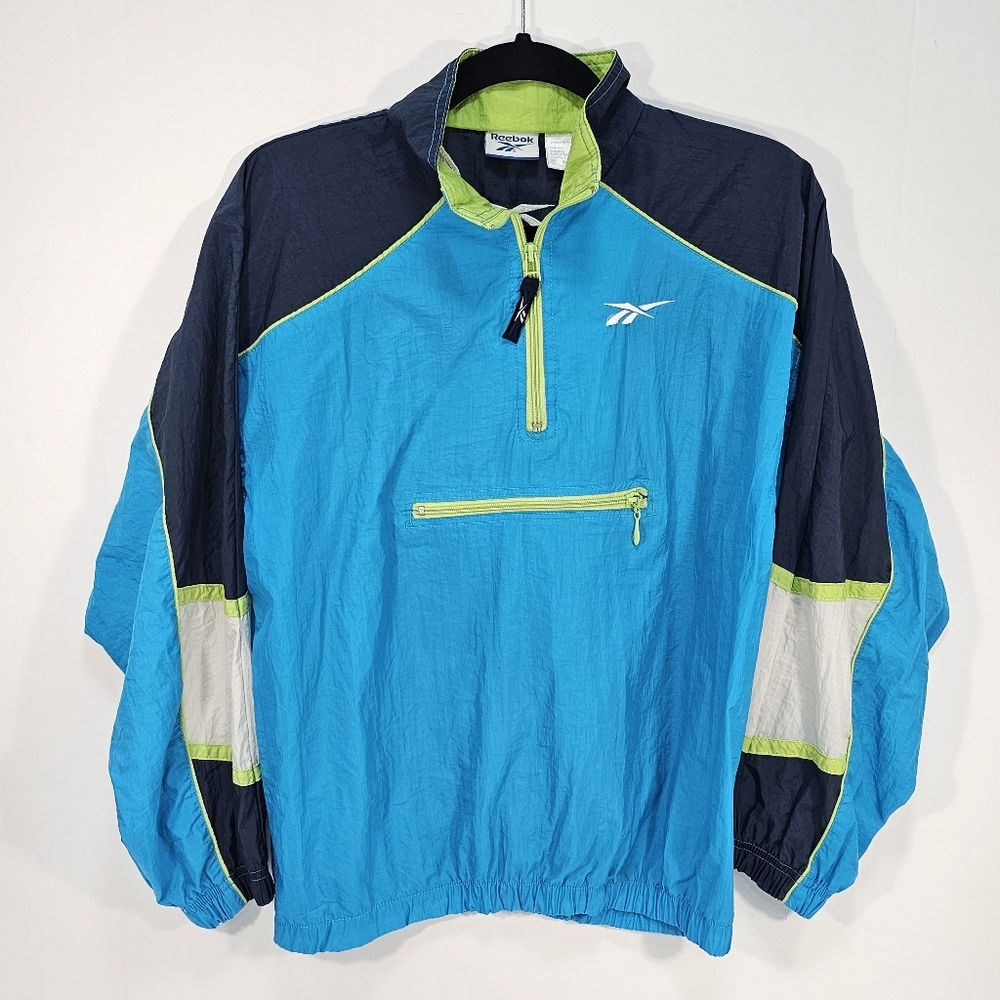 Vintage Reebok Nylon 1/4 Zip Pullover Windbreaker Blue/Green Size XL -runs small